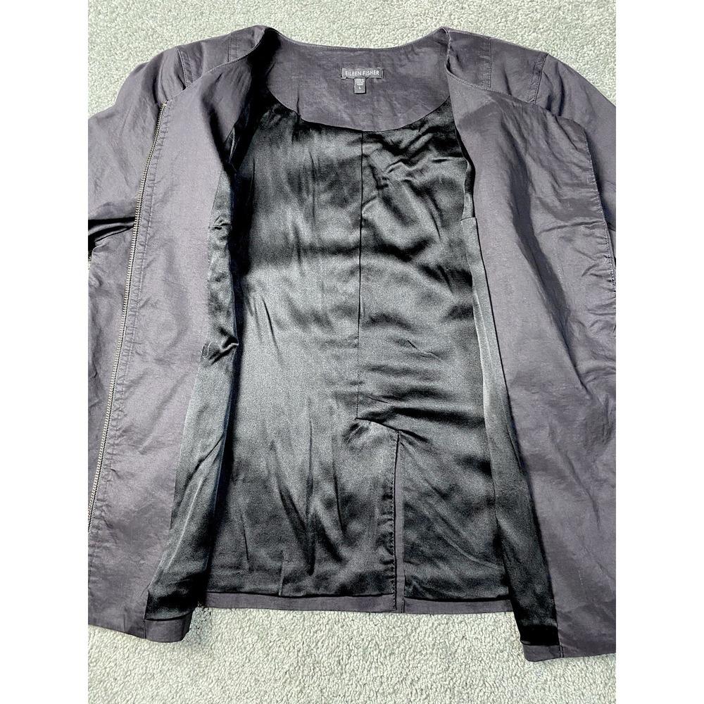 Eileen Fisher Jacket Women's L Black Ramie Pockets Open Front Silk Blend Lining - Picture 5 of 9